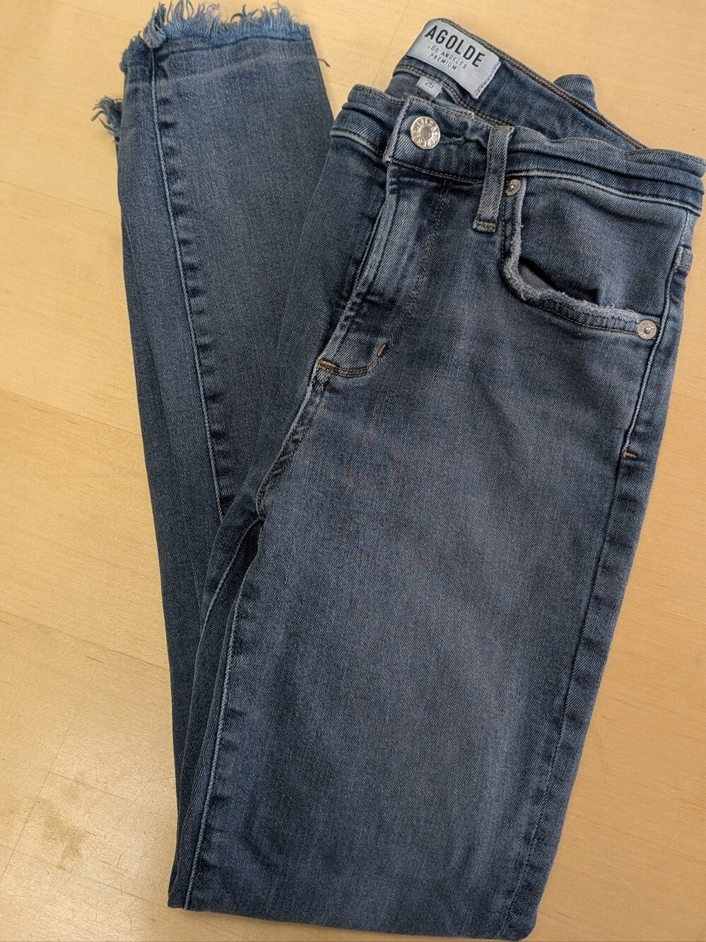 Agolde Women's Dark Blue High-Rise Skinny Jeans with Frayed Hem